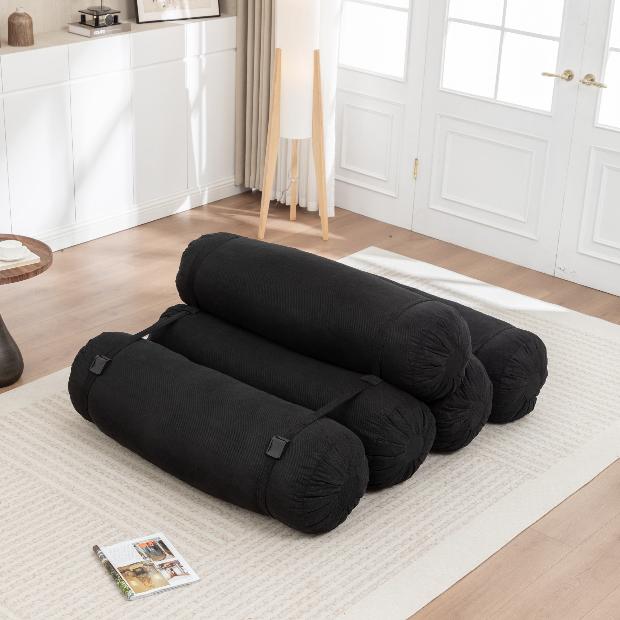 Adjustable Floor Sofa, Corduroy Lazy Sofa Chair with Adjustable Straps, Modular Floor Couch for Living Room Bedroom Dorm, Black