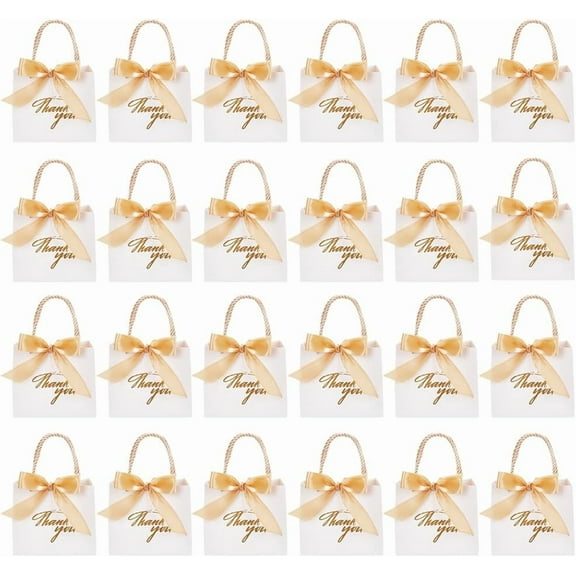 24 Sets Thank You Gift Bags Party Favor Bags with Handle and Ribbon 4.7x5.5x2.4inch Kraft Paper Gift Bag with Gold Foil Printed for Birthday Wedding Party Holiday White