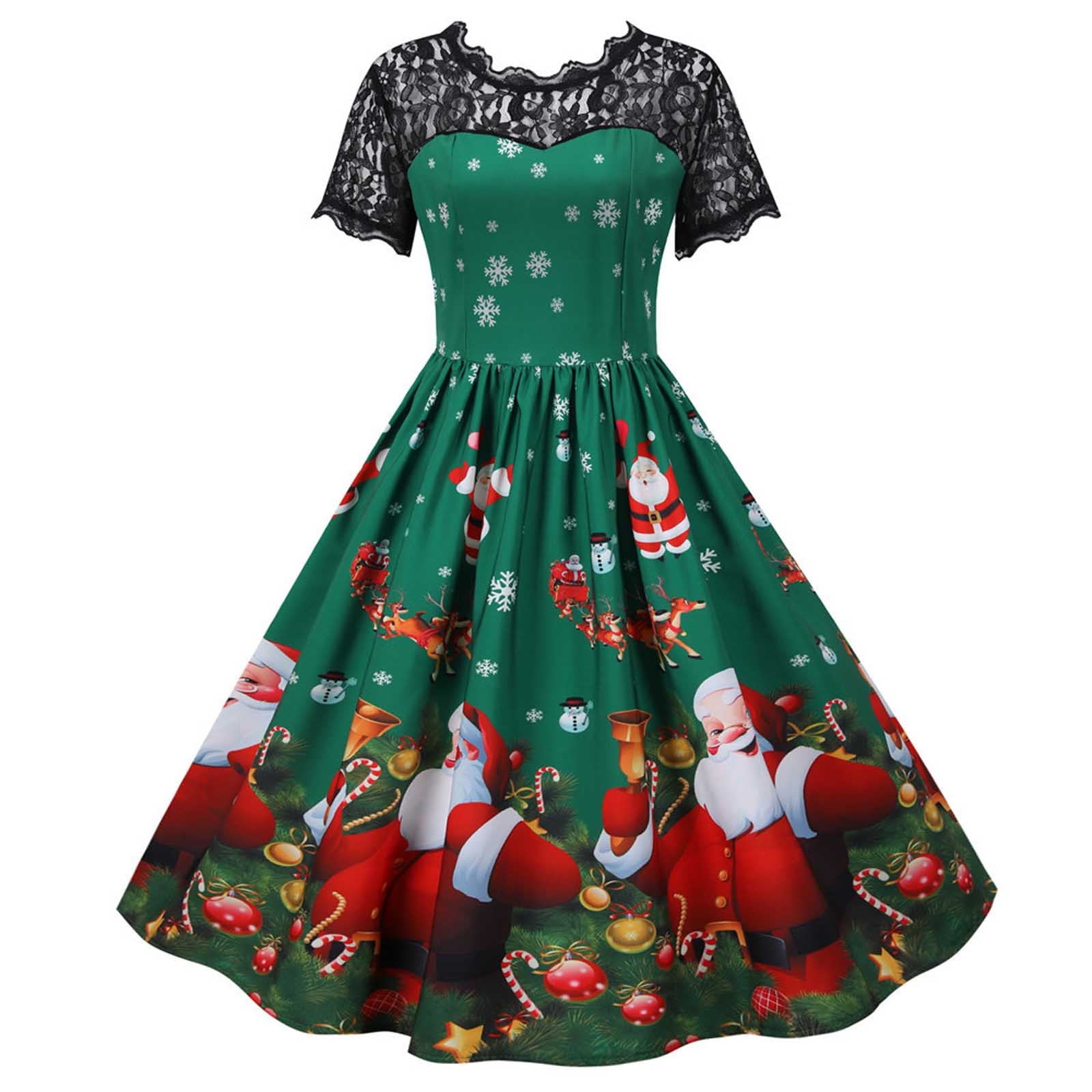 Womens Christmas Dress Reindeer Elk Striped Printed Xmas Holiday Pleated Dress 1950s Vintage V Neck Short Sleeves Evening Party High Waist A Line Dresses Casual Cocktail Prom Swing Gown
