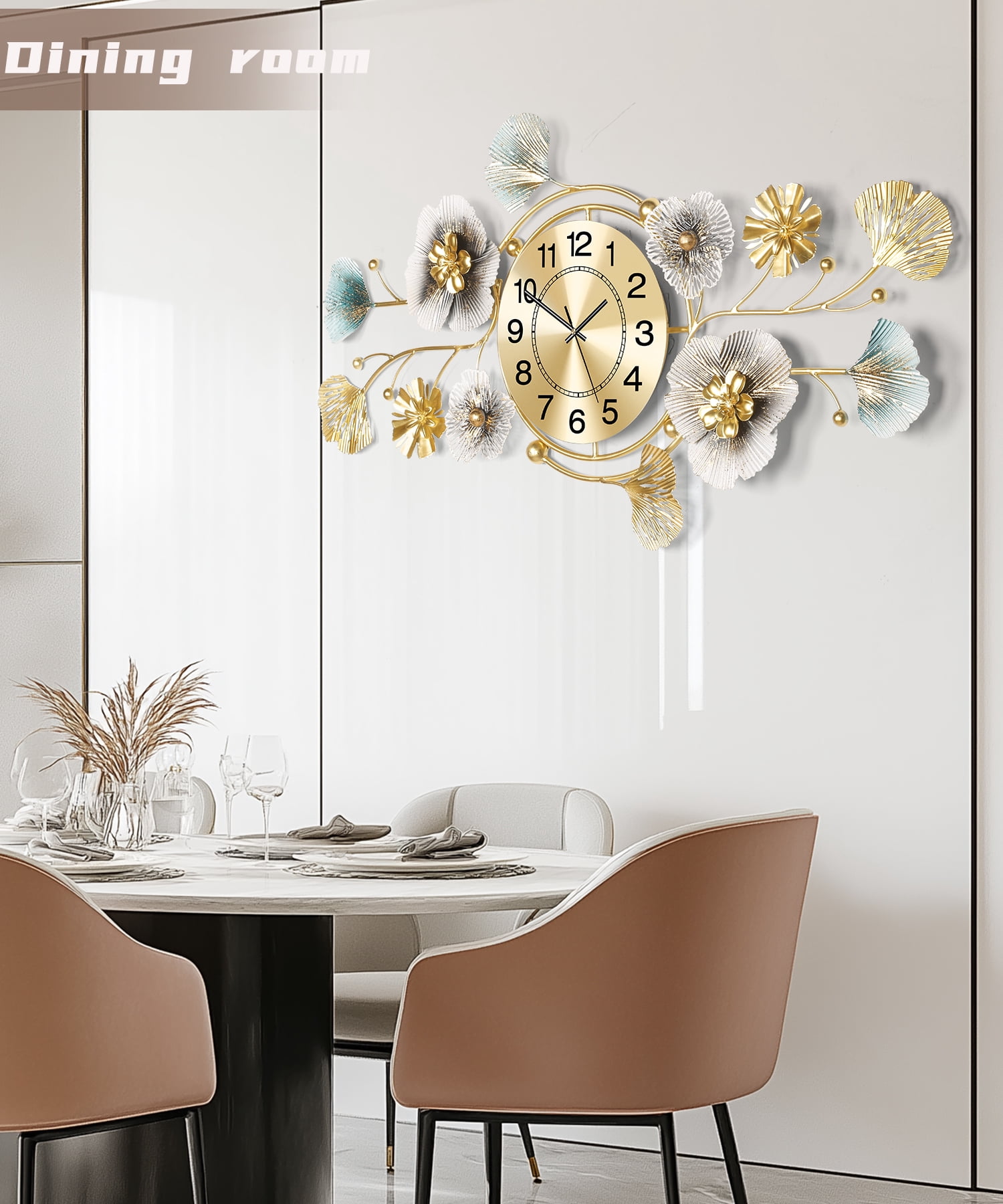 Wall Clock,Large Wall Clock,Silent Wall Clocks Battery Operated, Metal Ginkgo Leaf Design, Can Be Suspended Vertically or Horizontally,for Living Room, Entryway, Office or Bedroom Decor(33''x14'')