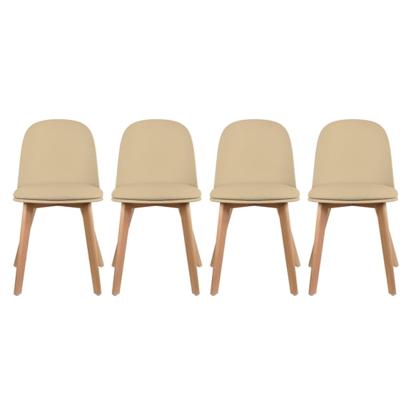 Set of 4 Armless Plastic Dining Chair Wood Legs for Dining Room Faux Leather Molded Seat With Cushion, Beige