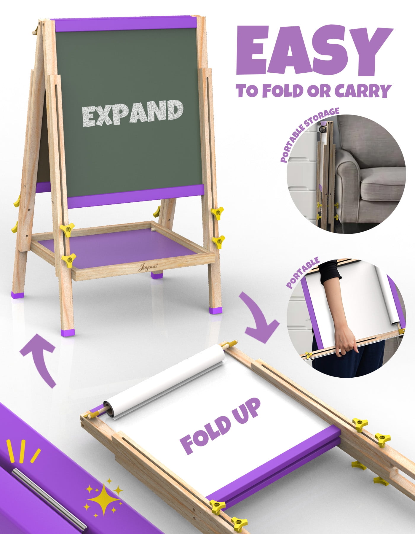 JOYOOSS 25.2 in - 37 in Adjustable Wood Children's Art Easels with Drawing Paper, Chalk, Markers, Erasers, and Magnetic Letters