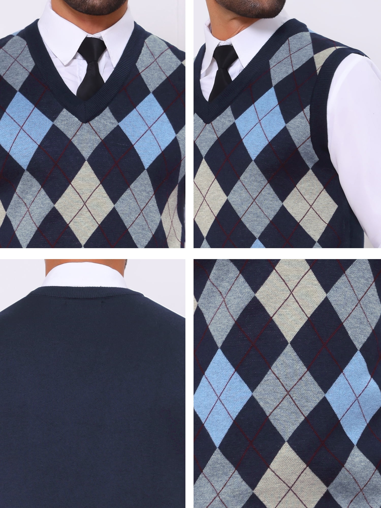 DARING DIVA Men's Casual Knit Sleeveless V-Neck Plaid Argyle Sweater Vest S Navy Blue