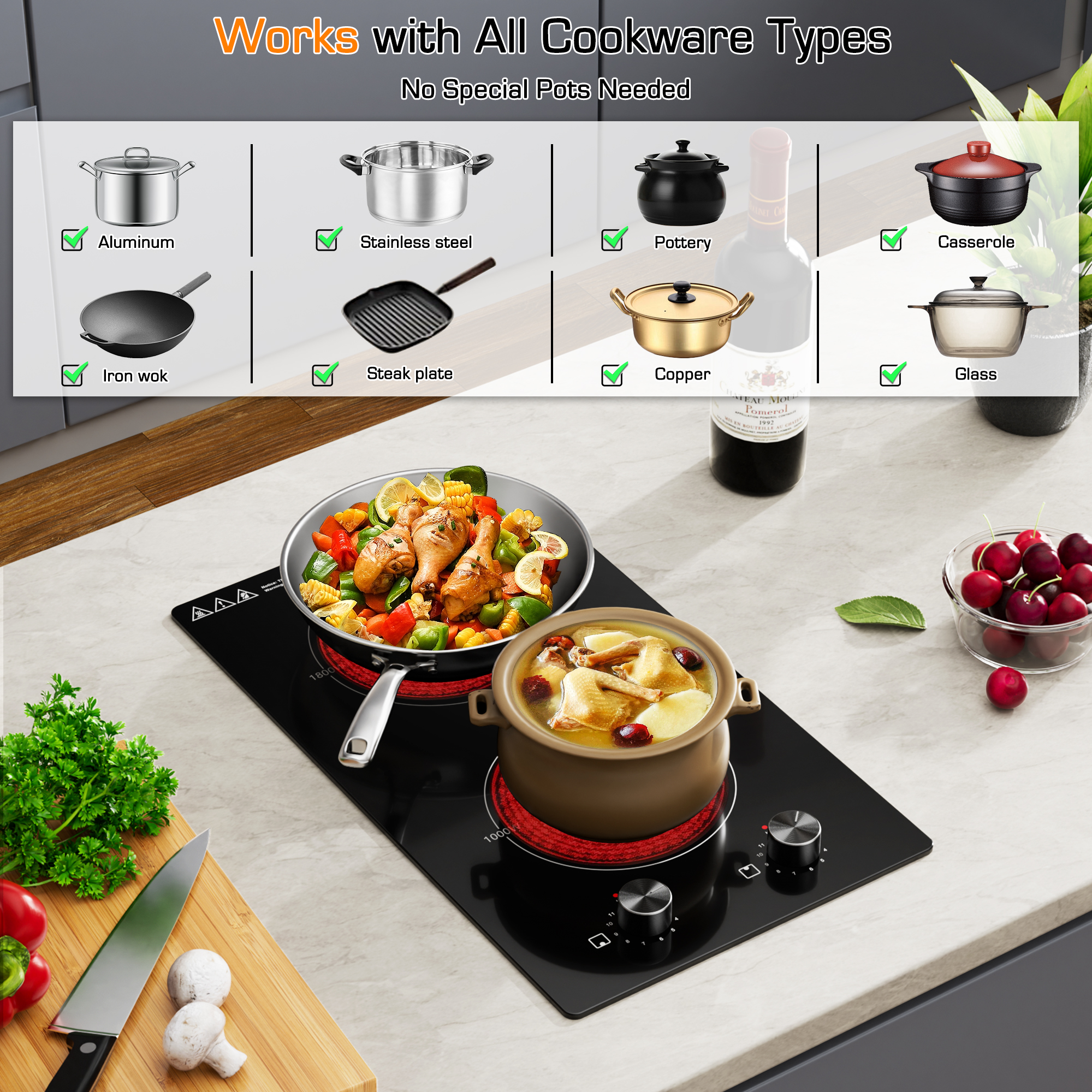 12 Inch 2 Burner Electric Cooktop, 1800W Ceramic Electric Stove Top, 120V Plug-in Radiant Countertop & Built-in Cooktop, 11 Heat Levels, Knob Control, Residual Heat Indicator