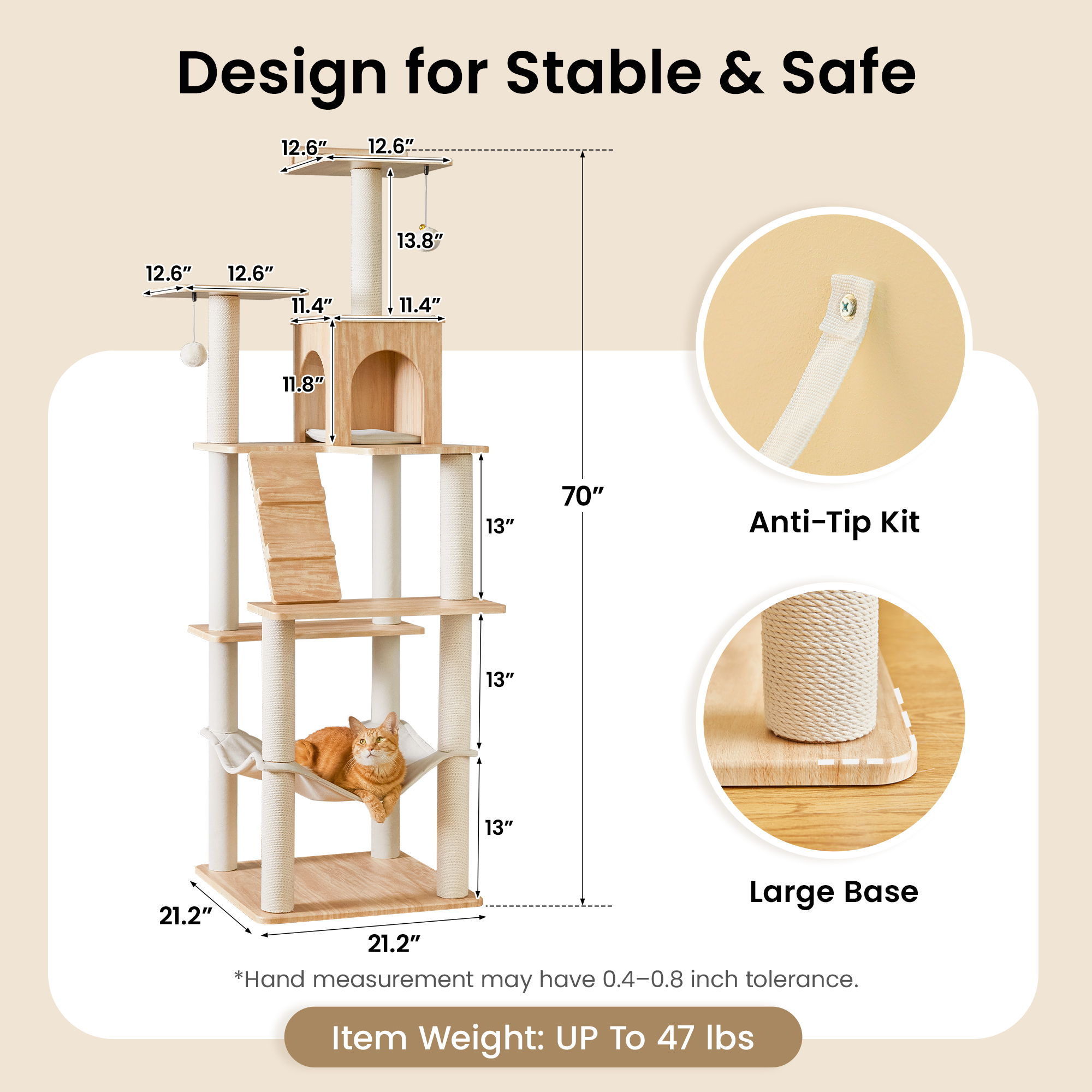 MWPO Large Modern Cat Tree - 70 inch Tall Cat Tower for Indoor Cats, Multi-Level Cat Condo with 7 Fully Wrapped Scratching Posts,Spacious Perches, Hammock, Removable Pad & Dangling Balls-Light Brown