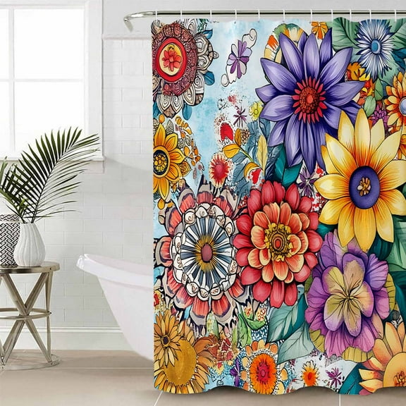 Boho Flowers Waterproof Fabric Shower Curtain, Bohemia Ethnic Floral Colorful Floral Shower Curtain for Bathroom Curtains Bathtubs Hotel Washable Shower Curtains with 12 Hooks Small 36x72in