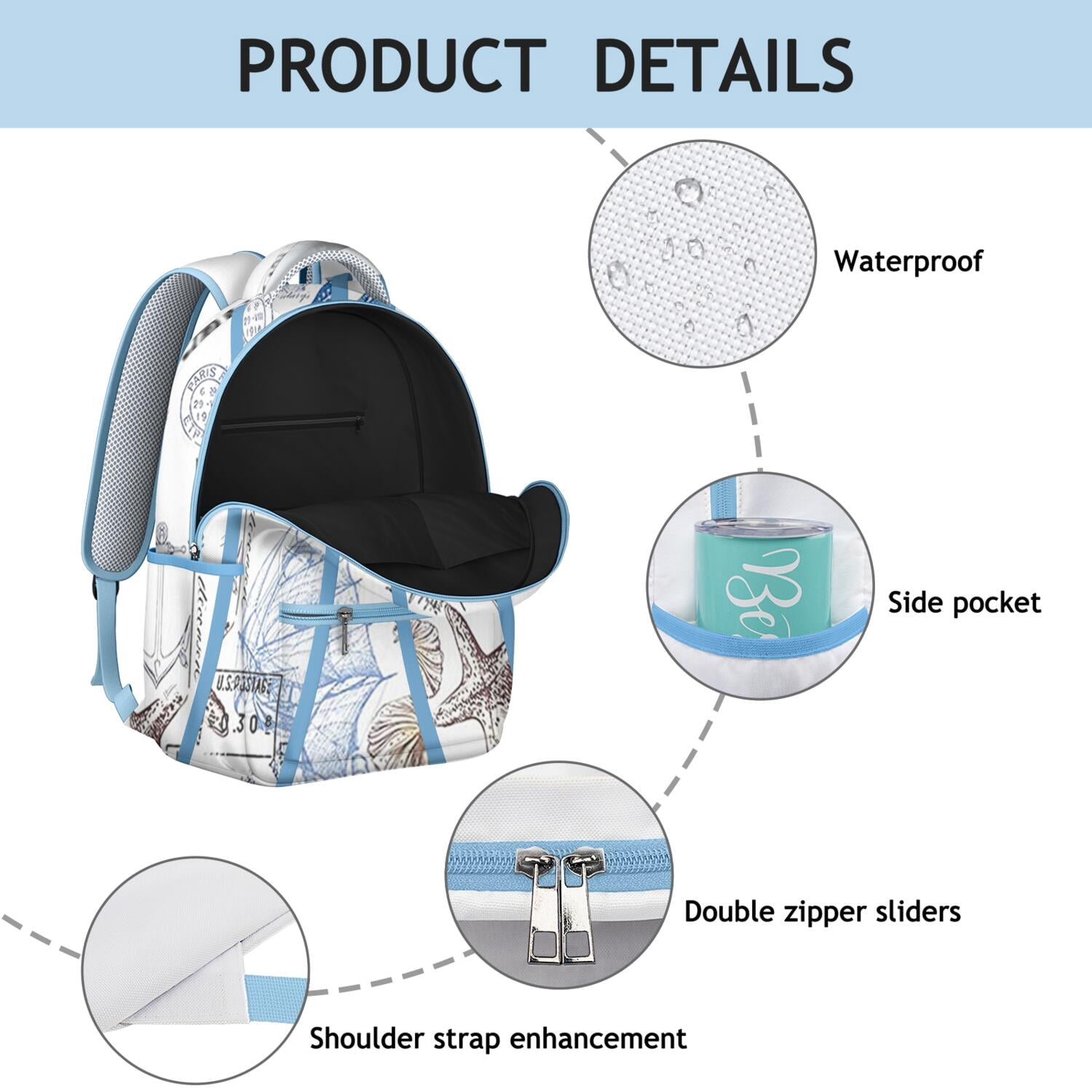 Nautical Waterproof Backpack for Teens - Vintage Summer Design with Starfish & Sand Prints, Durable Lightweight Bookbag with Padded Back Panel & Side Pockets