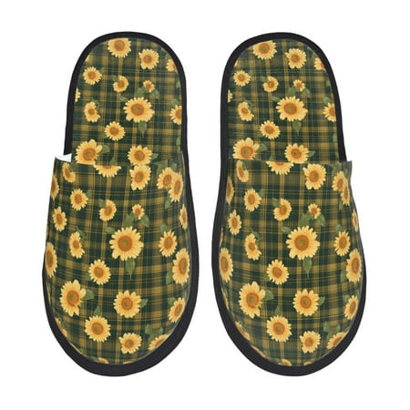 Balery Black Ink Green Plaid Sunflower Slient Indoor Furry Fleece Comfort House Shoes Soft Non-Slip Home Shoes Cotton slippers House Slippers-- Medium
