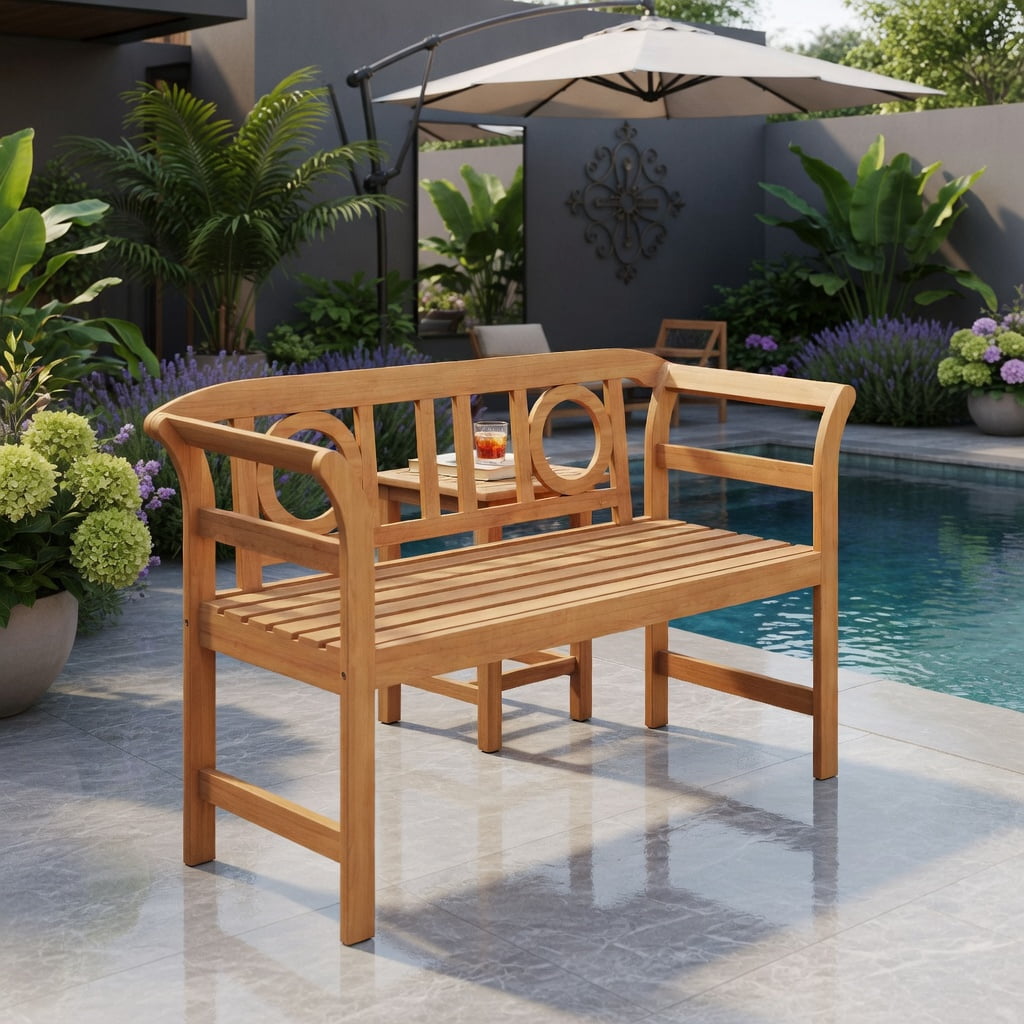 Hommoo Acacia Wood Outdoor Loveseat for 2, Sturdy Patio Bench with Backrest & Armrests, Natural