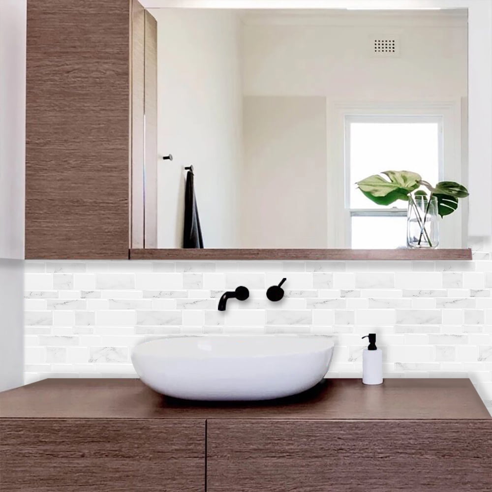 Peel and Stick White Marble Background Mosaic Tile Backsplash (10tiles/set)