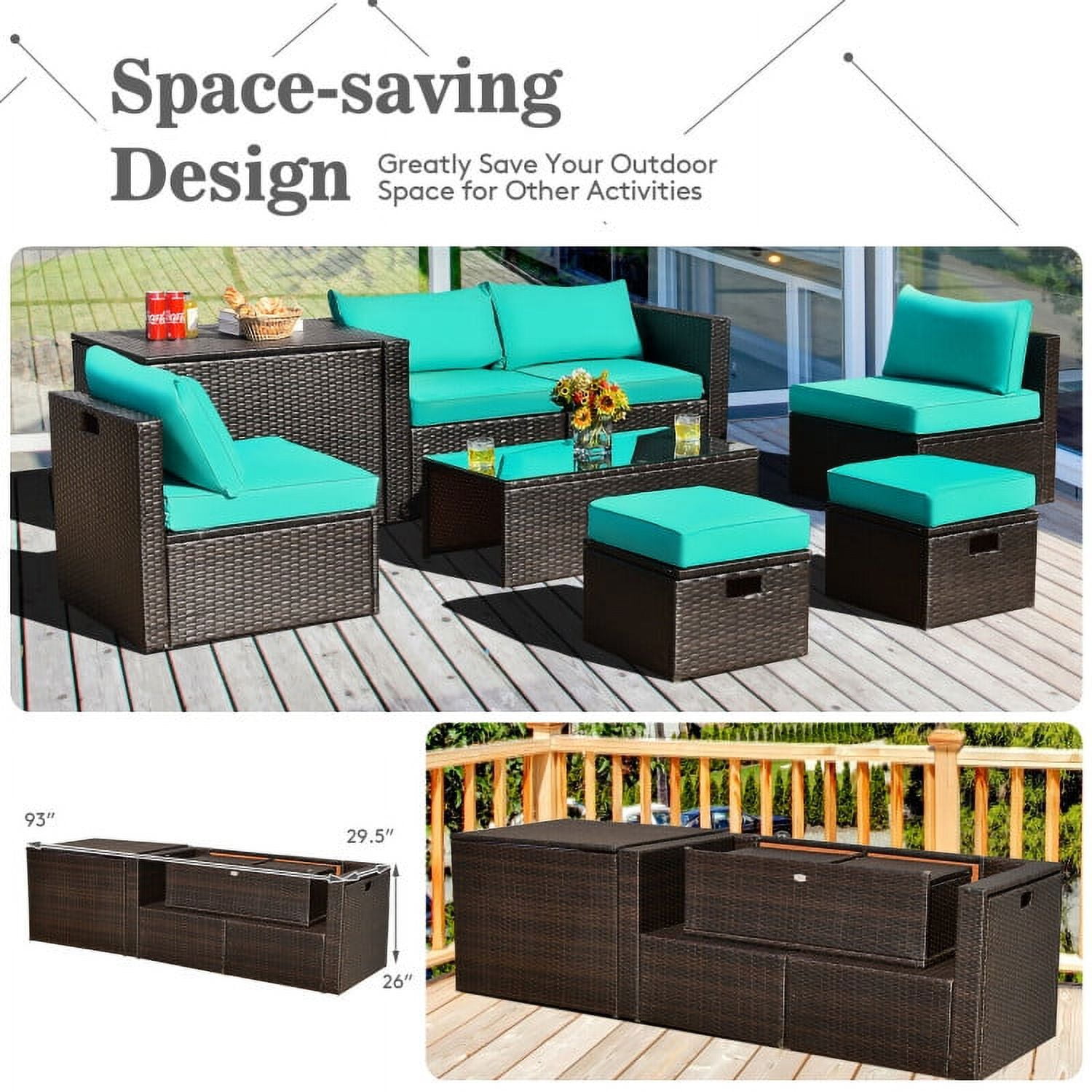 Aimee Lii 8 Pieces Patio Space-Saving Rattan Furniture Set with Storage Box and Waterproof Cover, Outdoor Patio Set, Turquoise Aimee Lii 8 Pieces Patio Space-Saving Rattan Furniture Set with Storage Box and Waterproof Cover, Outdoor Patio Set, Turquoise
