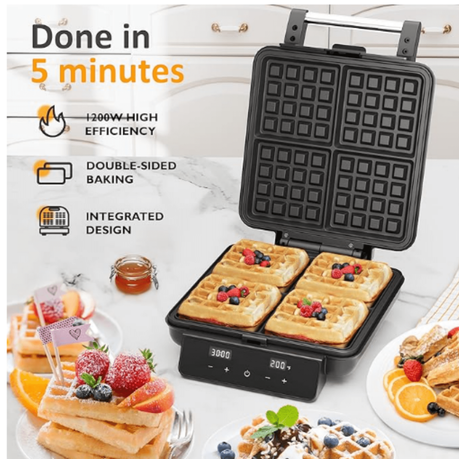 Stainless Steel Waffle Maker 4 Slices with Quick Heat-Up, Time & Temperature Control, LCD Display, Nonstick Surface, Perfect Waffle Iron for Kids and Families, Silver