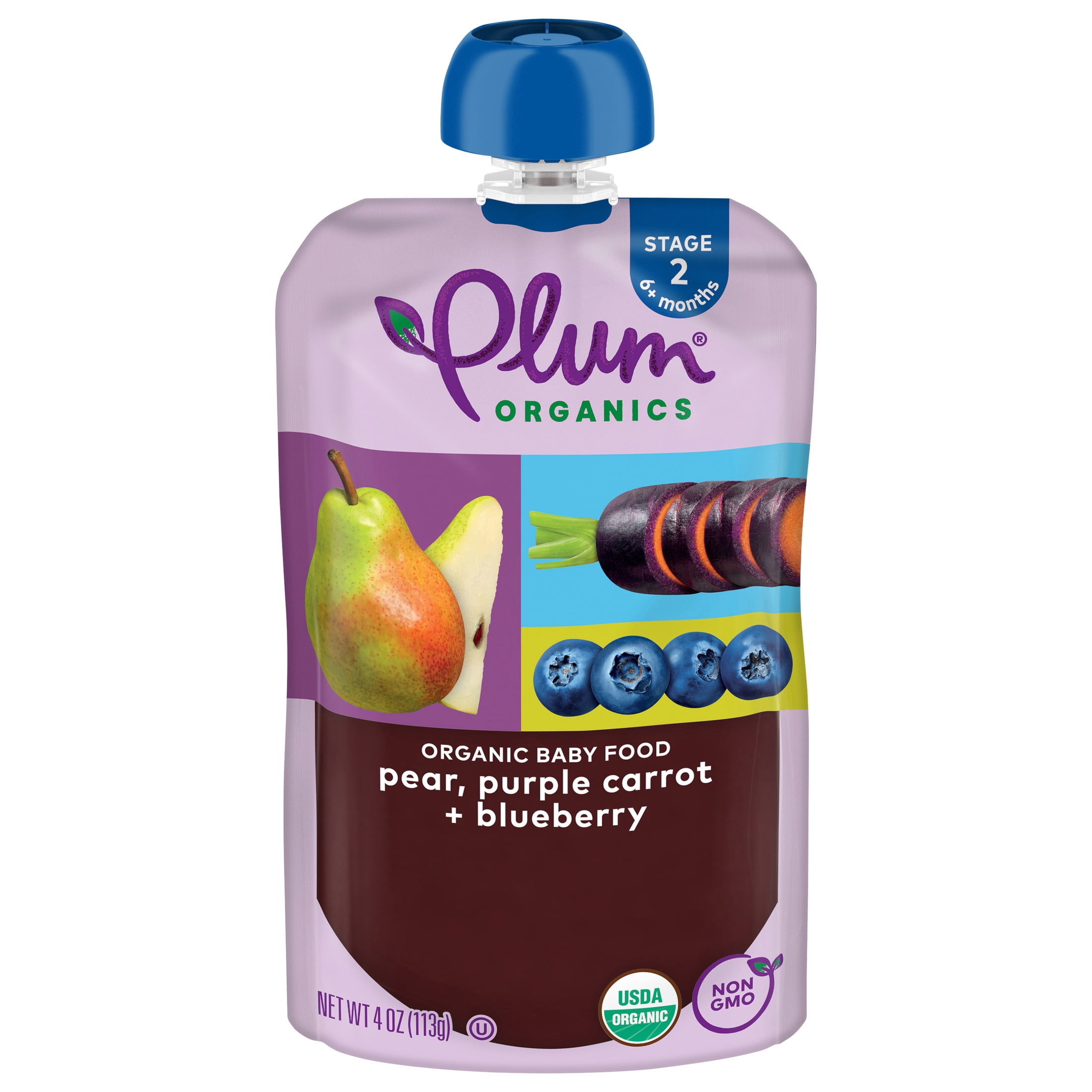 (12 pack) Plum Organics® Stage 2 Organic Baby Food Pear, Purple Carrot + Blueberry 4oz Pouch
