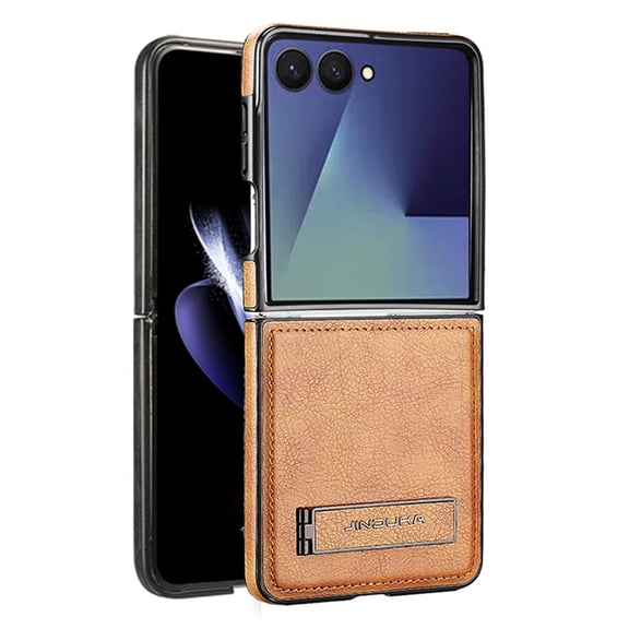 Vintage PU Leather Case for Samsung Galaxy Z Flip 7, Drop Protective Slim Kickstand Shockproof Built-in Invisible Kickstand Durable Phone Case Cover for Samsung Galaxy Z Flip 7, Brown
