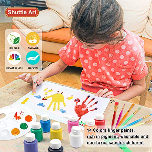 Washable Finger Paint Set, Shuttle Art 46 Pack Kids Paint Set with 14 Colors(60ml) Finger Paints, Brushes, Finger Paint Pad, Sponge, Palette, Smock, NonToxic for Toddlers Home Activity Early Education