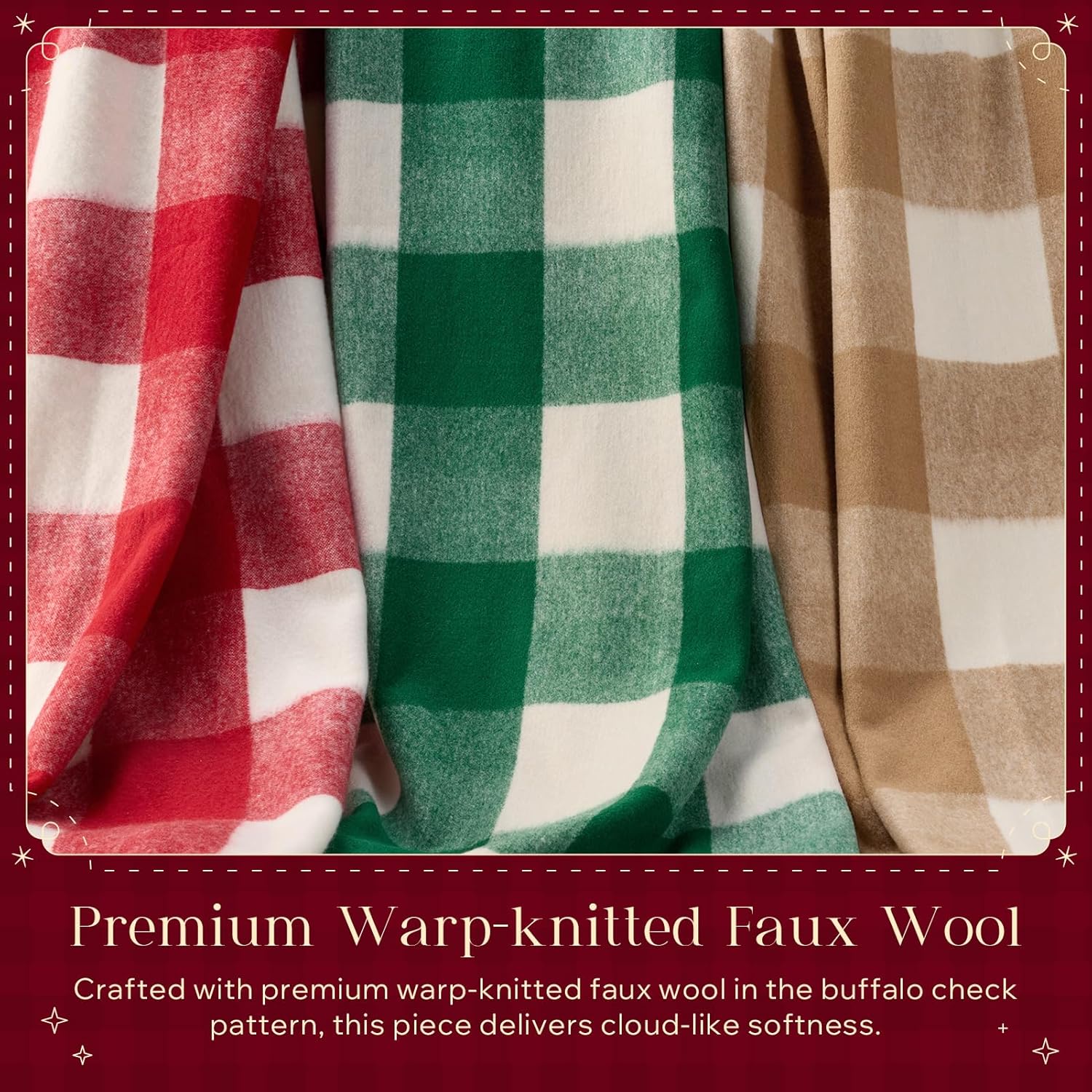Christmas Throw Blanket, 50x60 Inch Faux Wool Buffalo Check Plaid with Locking Edge, Beige Holiday Blanket for Couch and Decor