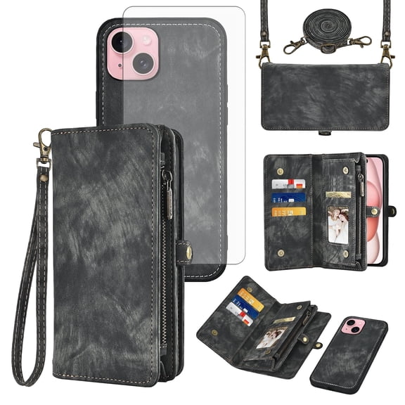 Asuwish Compatible with iPhone 15 6.1 inch Phone Case Zipper Wallet Detachable Tempered Glass Screen Protector Crossbody Lanyard Strap Flip Card Holder Cell Cover for i Phone15 i15 15Case Women Black