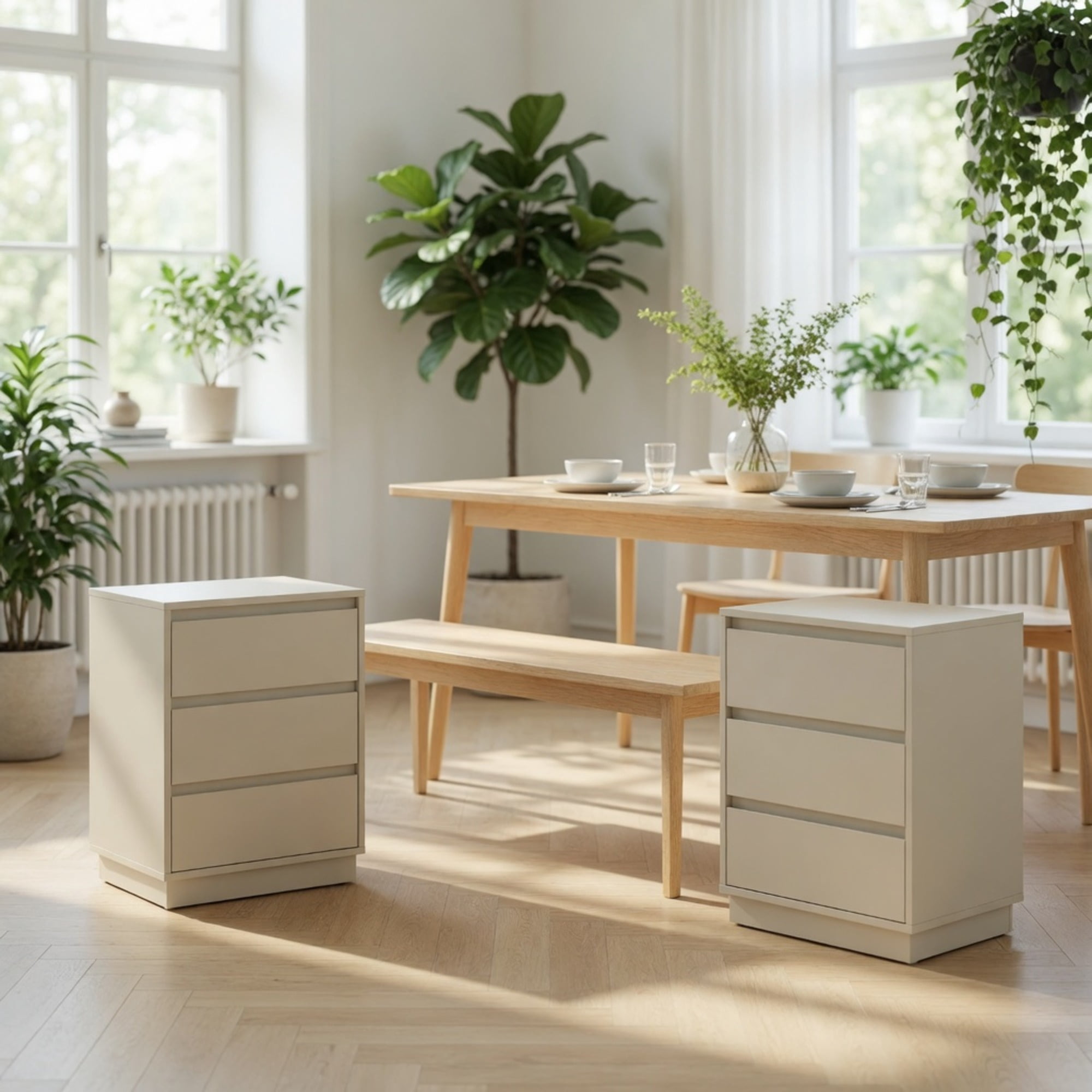 Set of 2, 23.6 Wide Beige Large Morden Wood Nightstand with 3 Drawers