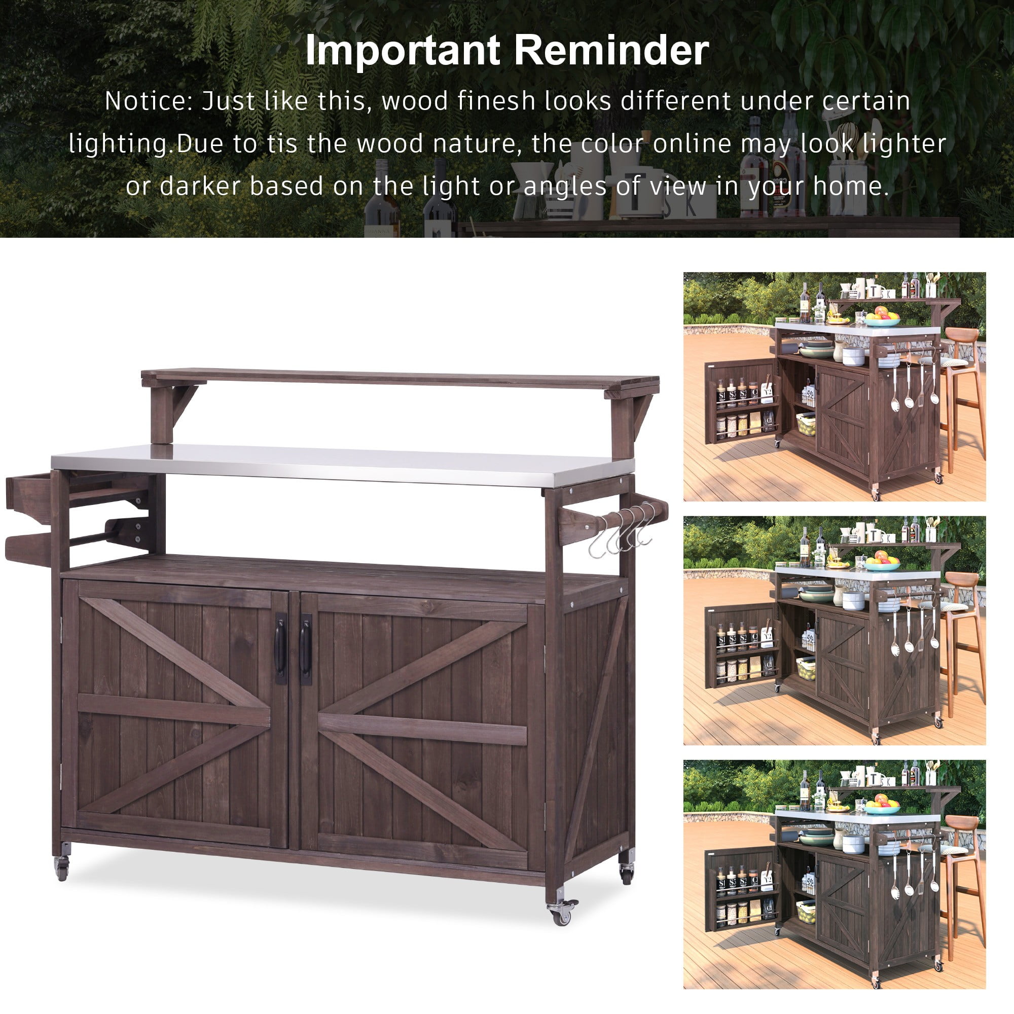 DEALTOPS Outdoor Kitchen Island Storage Cart with Raised Shelf and Stainless Steel Top, Grill Prep Cart BBQ Station, Rustic Brown