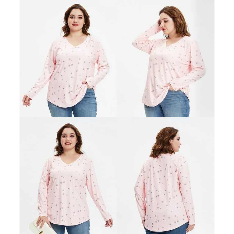TIYOMI Plus Size Long Sleeve Tops For Women 3X Star Shirts Causal Blouses V  Neck Pink Tee Fall Winter Tunics 3XL 20W 22W 