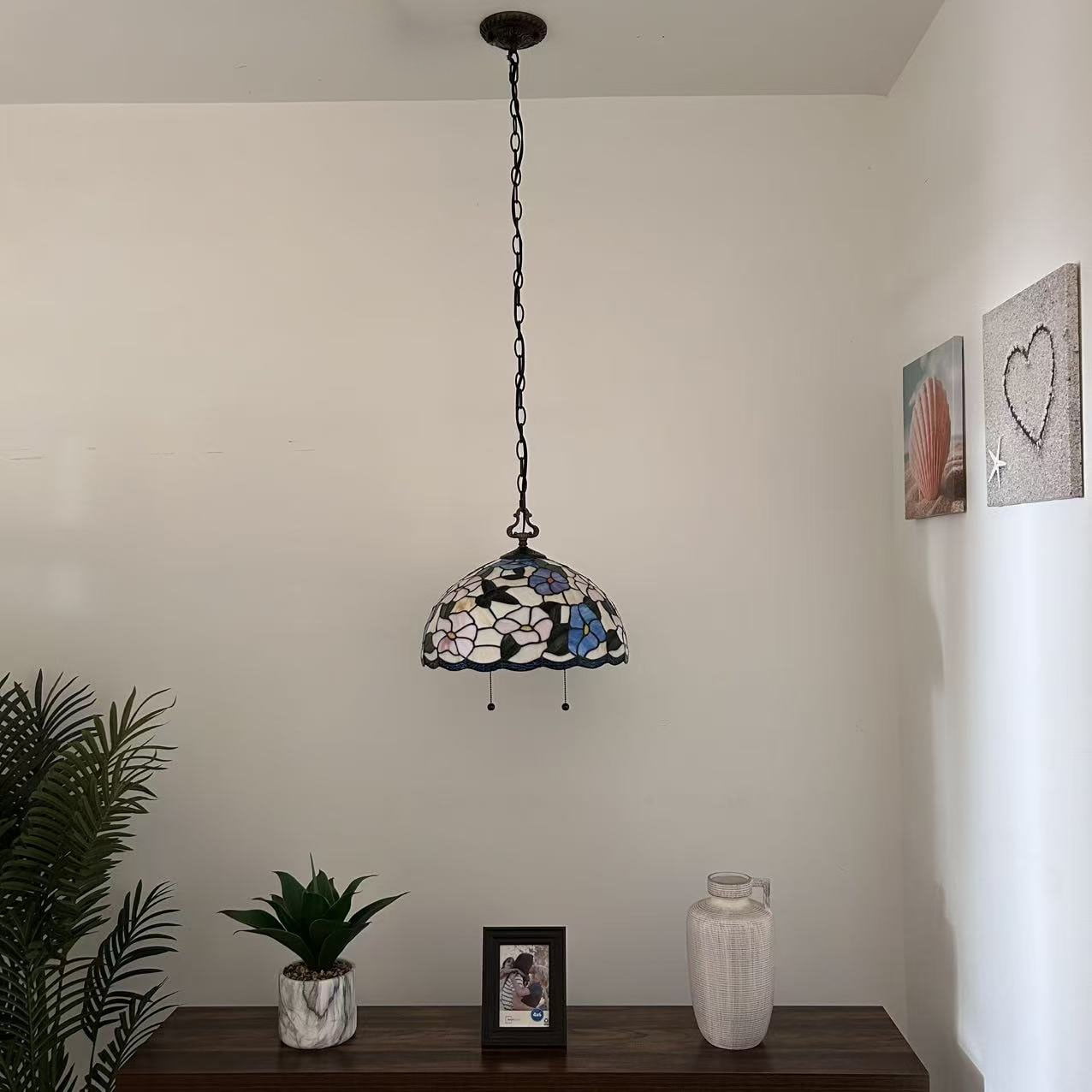 Tiffany Pendant Lights Fixture Pink Blue Stained Glass Hummingbird Flowers LED Bulb 16"W*16"D*75"H
