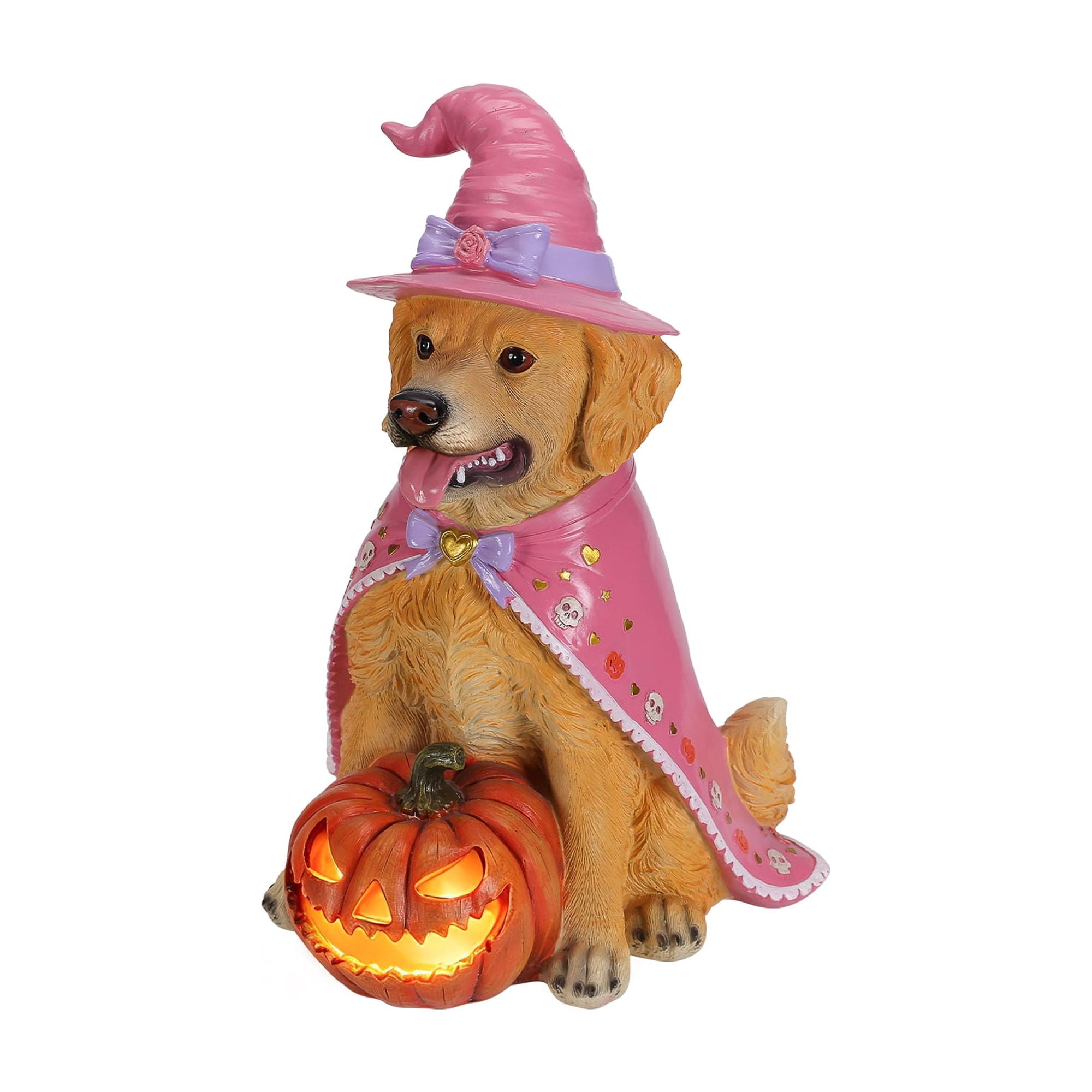 Golden Retriever Witch Halloween Statue, Light-Up Pumpkin, Resin Sculpture, Seasonal Decor