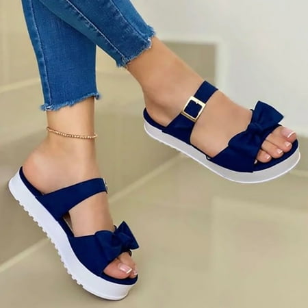 

YOTAMI Sandals for Women 2022 Summer New Style Women Fashion Comfy Bowknot Thick Bottom Slippers Blue