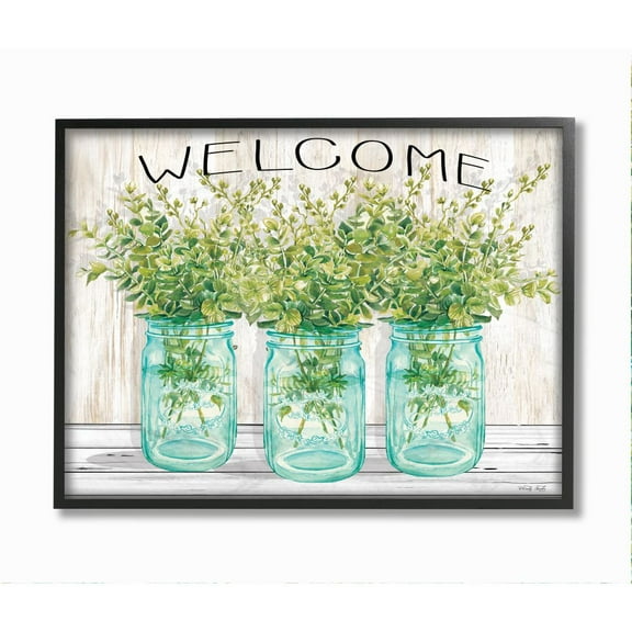 Stupell Industries Country Welcome Sign Greenery Bouquets Blue Jars Framed Wall Art Design by Cindy Jacobs, 16" x 20", Black Framed