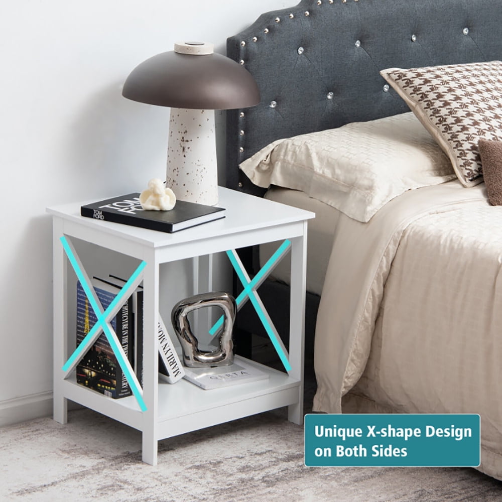 Finihen End Side Table, 2-Tier Side Table with X-shape Design and 4 Solid Legs, Bed Side Table, for Living Room, Bedroom, White Finihen End Side Table, 2-Tier Side Table with X-shape Design and 4 Solid Legs, Bed Side Table, for Living Room, Bedroom, White