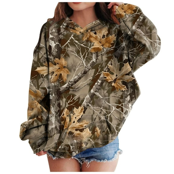 BOBOGOJP Camo Hoodie Sweatshirts for Teen Girls Long Sleeve Maple Leaf Print Cute Graphic Hoodie Drawstring Pullover Trendy Girls Hoodies Kids Khaki for Size 9-10 Years