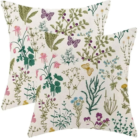Spring Pillow Covers 18 X 18 Inch Set of 2, Sage Green Wildflower Plant Floral Decorative Throw Pillow Covers Farmhouse Outdoor Flower Cushion Cases for Couch Sofa Home Decor