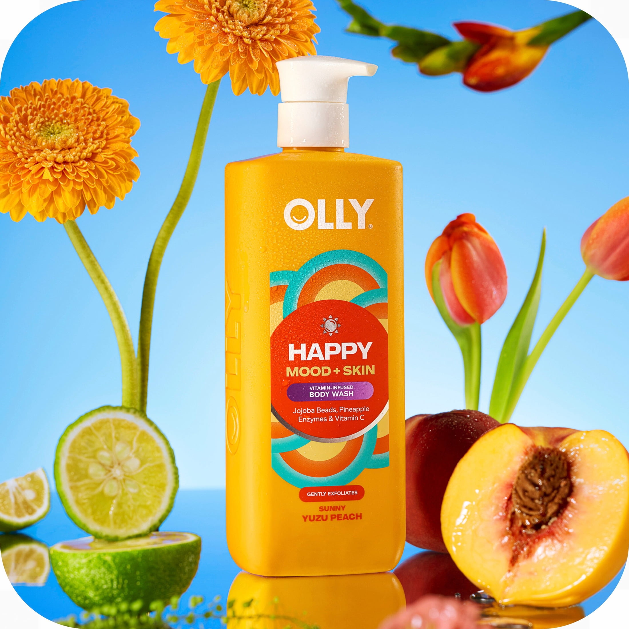 OLLY Exfoliating Body Wash jojoba beads, pineapple enzymes & vitamin C Happy Mood + Skin to exfoliate and reveal softer, glowing skin, 17 fl oz
