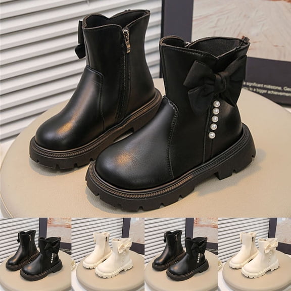 Girls Side Zipper Chelsea Ankle Boots Round Toe Dress Booties Adorned with Cute Bow and Pearls Low Heel Chunky Non Slip Sole Fashion Shoes for Wedding Party Black 36