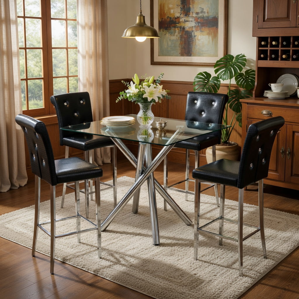 Hommoo Modern 3-Piece Glass Bar Table Set with Chrome X-Base & PU Leather Counter Height Stools, Contemporary Kitchen Island or Home Bar Solution for Small Spaces, Black & Sliver