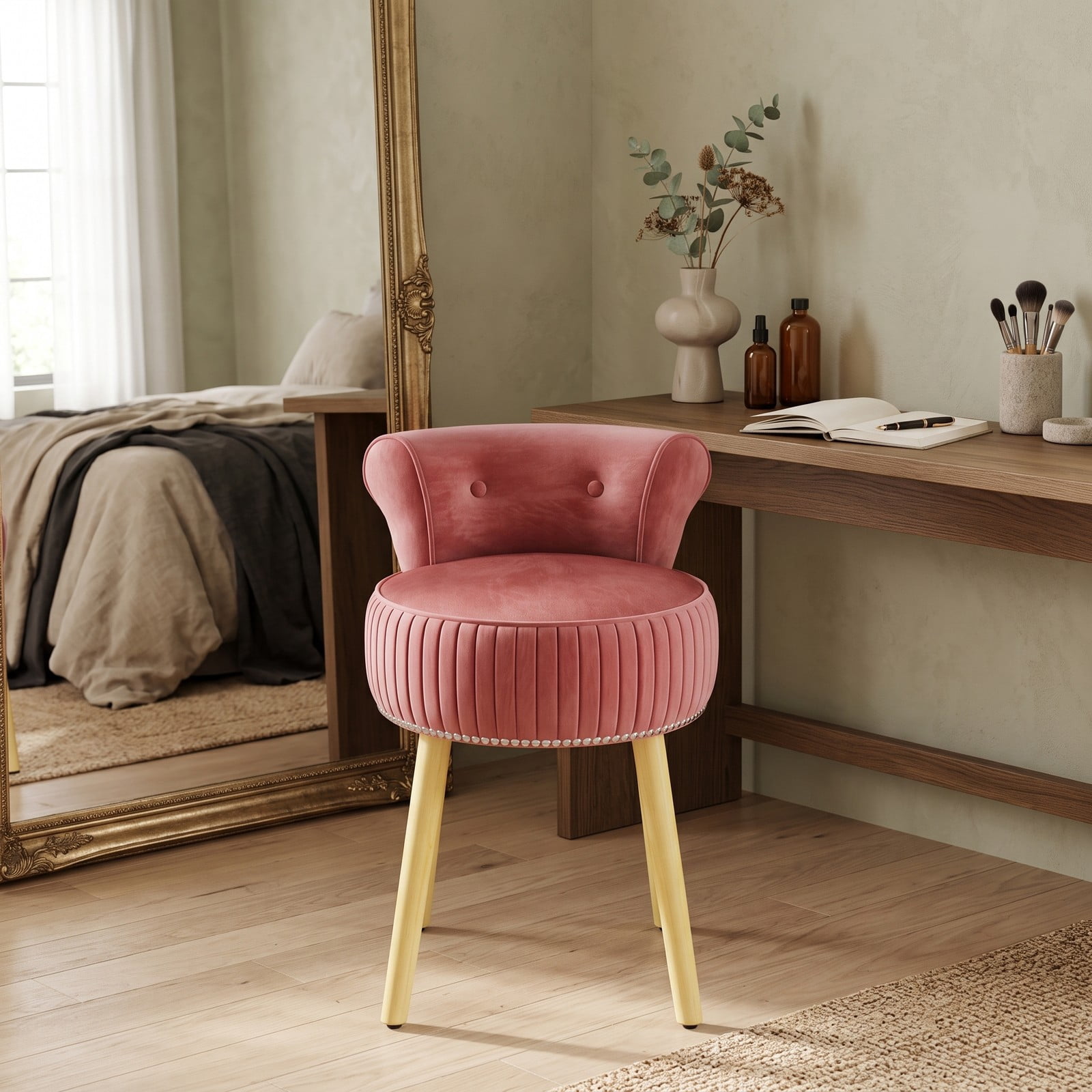 Furnibear Velvet Vanity Chair with Tufted Low Back and Solid Wood Legs for Bedroom Makeup and Dressing Table Seating, dusty rose