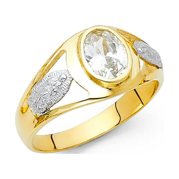 Guadalupe Ring Solid 14k Yellow White Gold Virgin Mary Band Religious Oval CZ Stylish Mens Fancy, Size 10