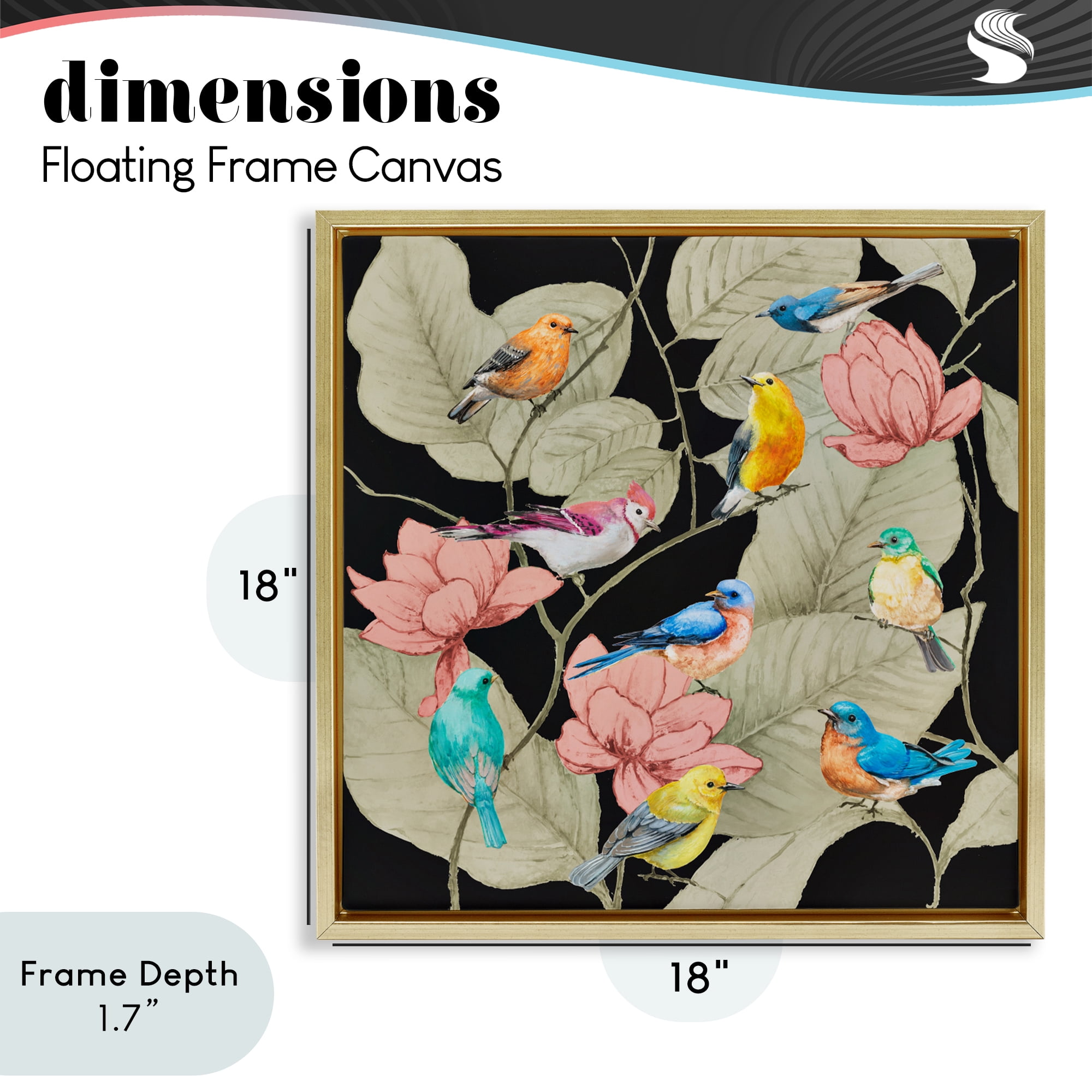 Stupell Industries Colorful Birds & Leaf Motif Gold Framed Floater Canvas Wall Art, design by Lorenzo Collective