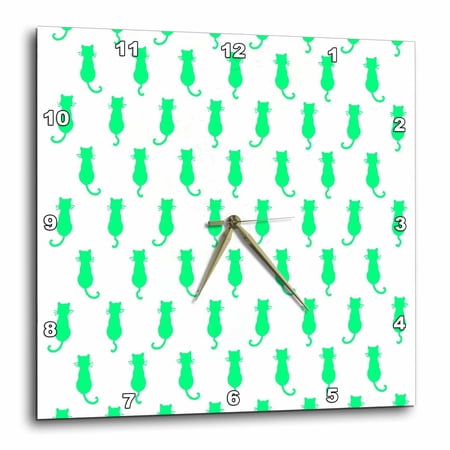 3drose, Aqua-green Cat Motif Polka Dot Pattern Kitty Silhouette on White, 10x10 Wall Clock