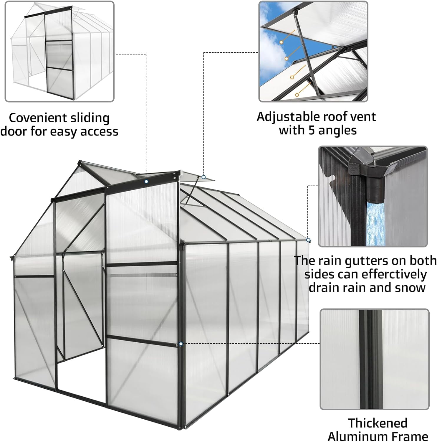 6x10 FT Polycarbonate Greenhouse Raised Base and Anchor Aluminum Heavy Duty Walk-in Greenhouses for Outdoor Backyard in All Season