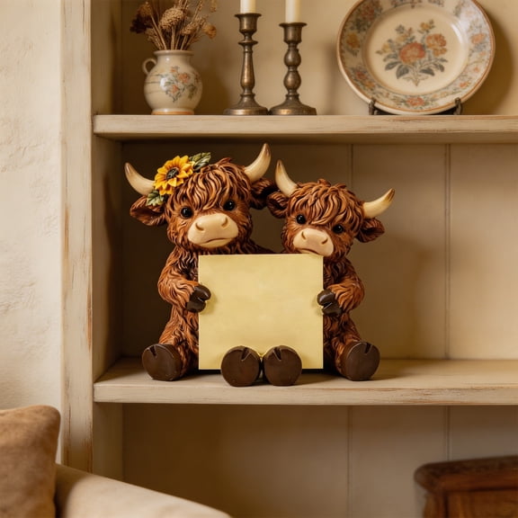 FeiFu Highland Cow Memo Holder Resin Note Dispenser Desktop Decor Sunflower Figurine Office Desk Organizer Photo Clip Home Gift Adorno de Escritorio Vaca Decoracion