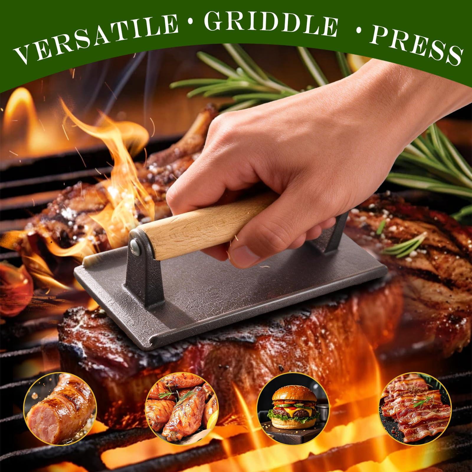 2.2 Lb Handheld Heavy Duty Cast Iron Grill Press  7.8x3.9 Inch Rectangle Burger With Wood Handle For Blackstone Griddle Chef Camp Panini Vegetable Bacon Sandwich Bbq 2 Pack