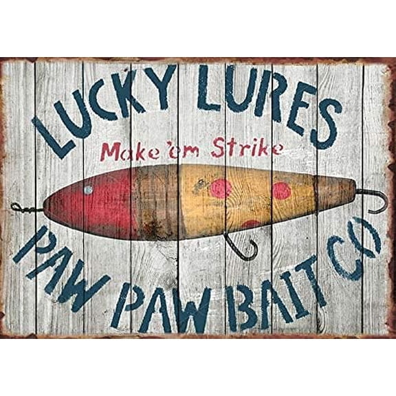 Retro Vintage Metal Tin Sign Lucky Lures Fishing Bait Shop Tackle Wall Decor 12x8 Inch for Home Garden Kitchen Bar Cafe Garage