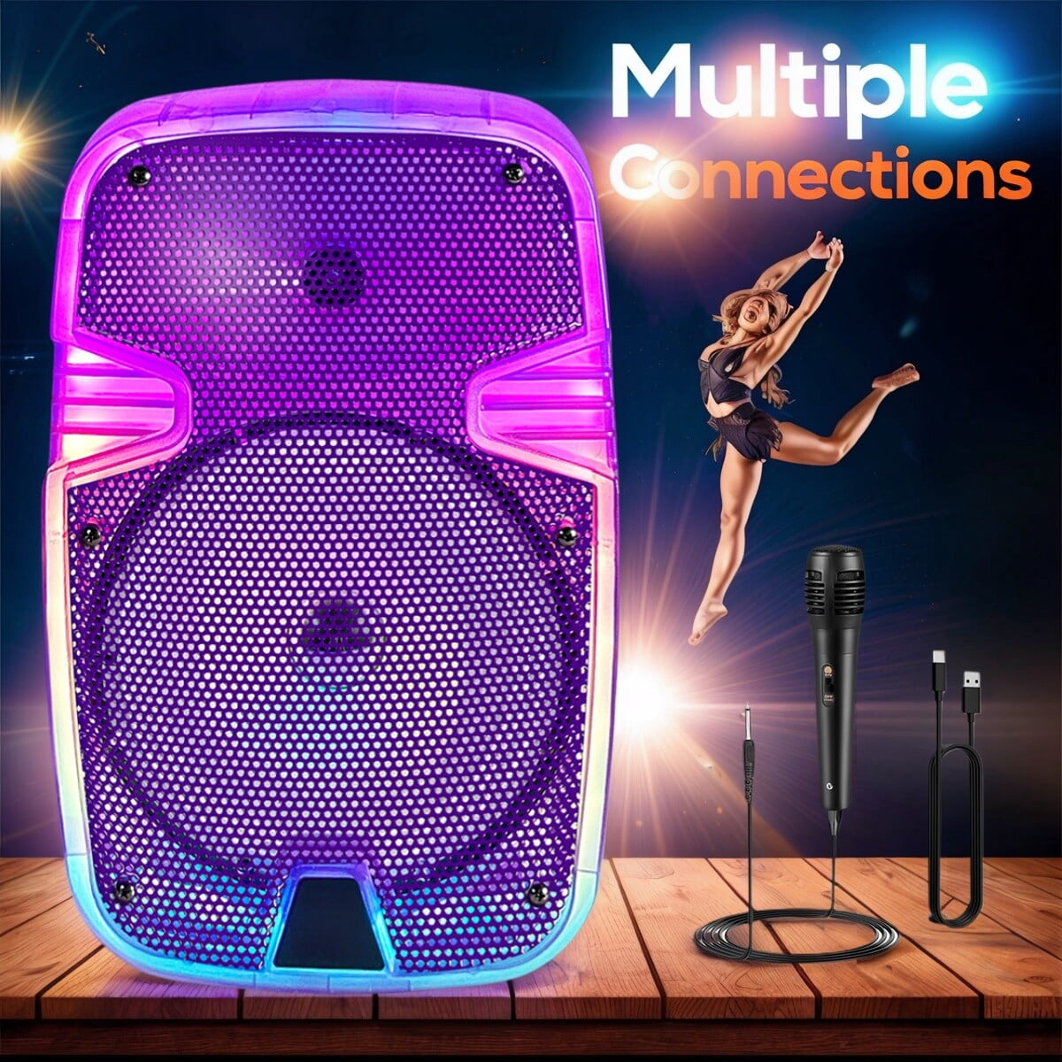 Portable Bluetooth Speaker 8" Woofer w/ Tripod Stand Microphone Remote Control Purple LED Clear Shell