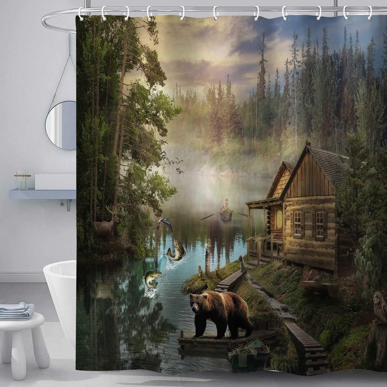 Forest Bear Shower Curtain, Vintage Cabin Country Natural Scenery Lake House Bath Curtain, Wildlife Farm Animals Camping Decor Fabric Bathroom Set with Hook 60x70