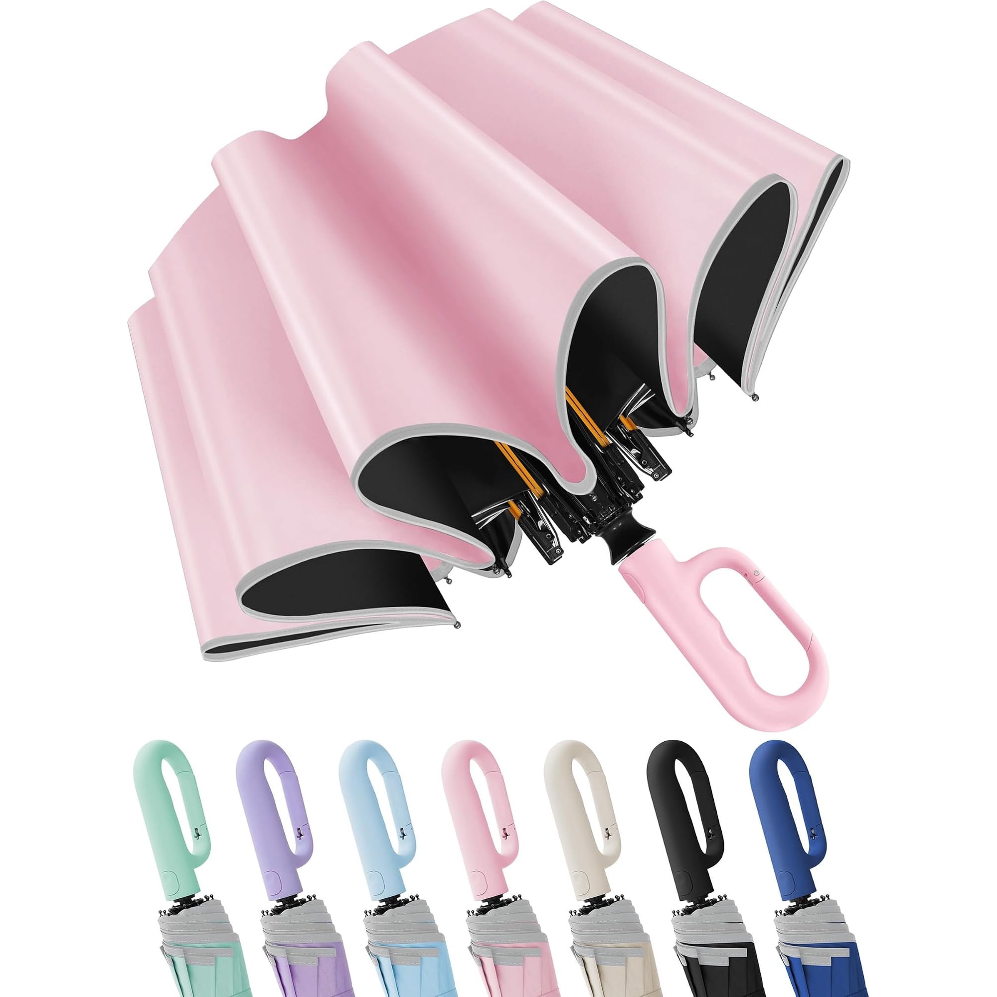 Travel Umbrella with Carabiner Handle  Windproof Large Umbrellas for Rain with -Rib Structure  Portable Compact Umbrella with Reflective Strip  Backpack UV Umbrellas for Sun Protection