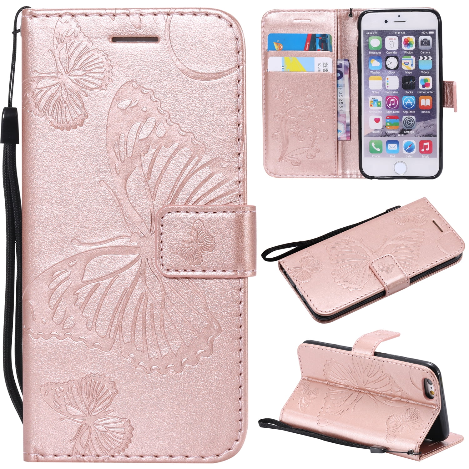 Iphone 6 Plus 6s Plus Wallet Case Allytech Pretty Retro Embossed Butterfly Flower Design Pu Leather Book Style Wallet Flip Case Cover For Apple Iphone 6 Plus And Iphone 6s Plus Rosegold