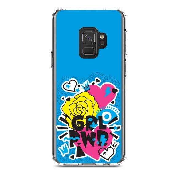 DistinctInk Clear Shockproof Hybrid Case for Samsung Galaxy S9 (5.8" Screen) - TPU Bumper, Acrylic Back, Tempered Glass Screen Protector - Girl Power - GRL PWR - Blue, Pink, Yellow