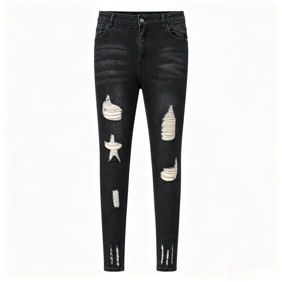 High Waist Ripped Skinny Jeans for Women - High Stretch Black Washed Distressed Denim Pants for Daily Wear