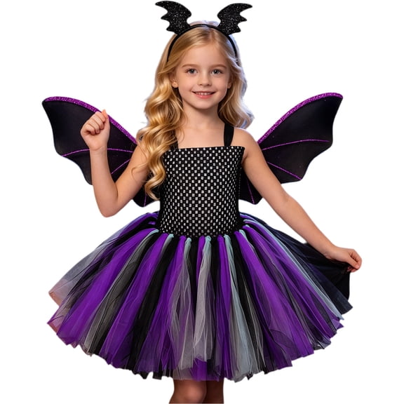 Halloween Girl Dress Mesh Color Block Skirt Headband Party Outfit Princess Dress Girls Size 5-6T