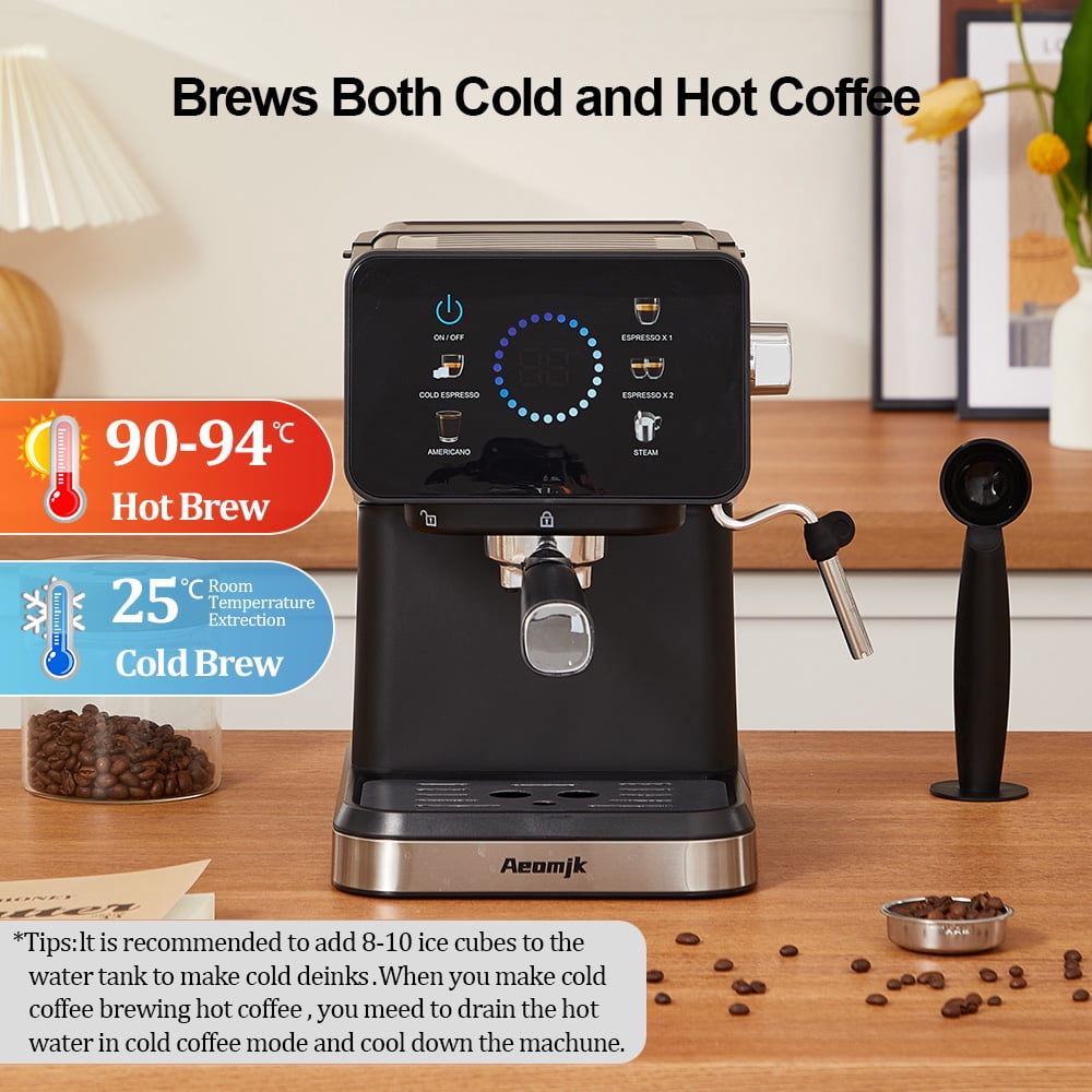 AEOMJK espresso machine with touchscreen operation, 20BAR pressure, capable of making both cold and hot coffee, equipped with a steam wand for frothing